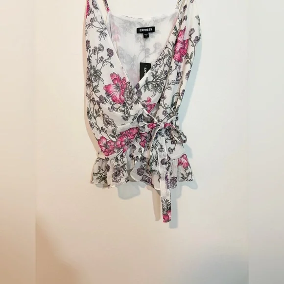 Express Floral Pink & White Wrap Peplum Tank Top Size XS - Picture 3 of 8